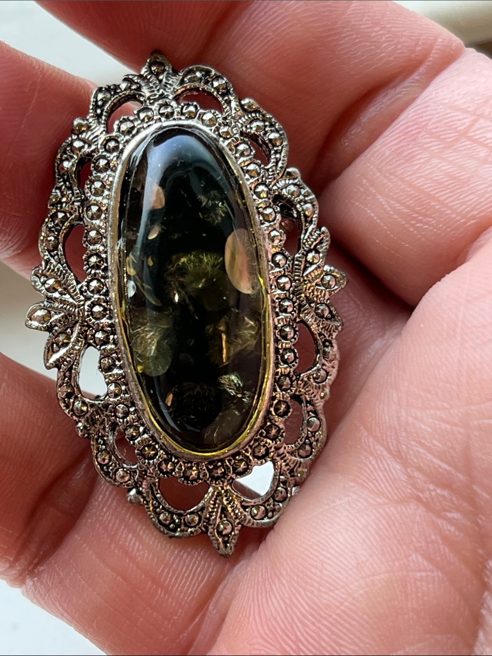 Vintage Green Amber Marcasite Brooch